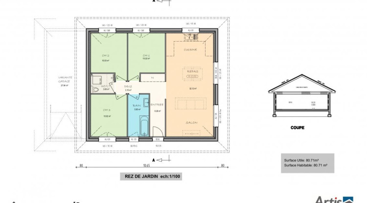 Belle maison de plain pied 3CH , 80 m2 80m² - 495000€ - 2